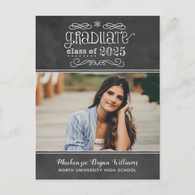 Invitation Carte Postale Rustic Black Chalkboard 2025 Graduate Photo Party (Devant)