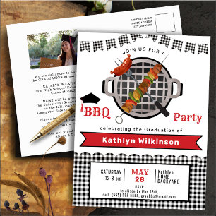 Invitation Carte Postale Rustic Black Red Plaid Photo Graduation BBQ Party