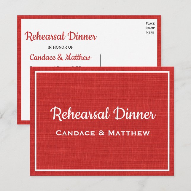 Invitation Carte Postale Rustic Burlap Red Country Rehearer Dîner (Devant / Derrière)