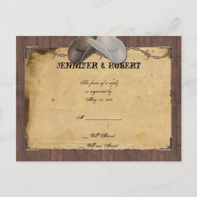 Invitation Carte Postale Rustic Country Cowboy Casquettes Barbed Wedding RS (Devant)