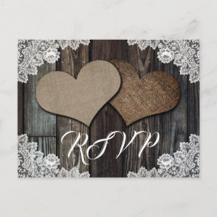 Invitation Carte Postale Rustic Country Wood Lace Burlap Heart Wedding