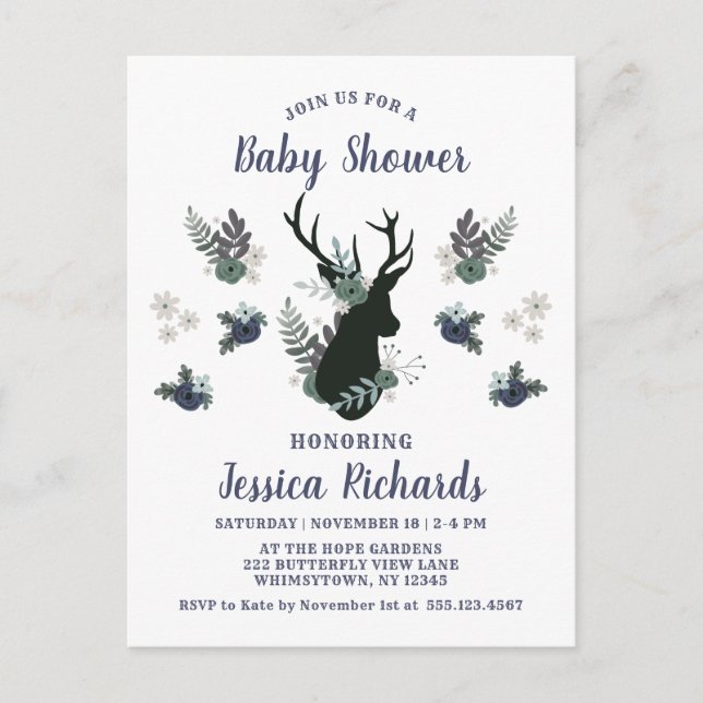Invitation Carte Postale Rustic Deer Head Bleu Floral Baby shower moderne (Devant)