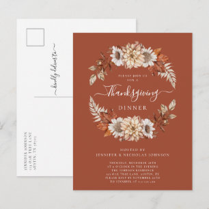 Invitation Carte Postale Rustic Fall Floral Feuilles Thanksgiving Dîner
