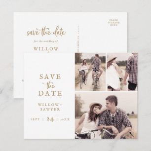 Invitation Carte Postale Rustic Gold Script 3 Photo Collage Enregistrer la 