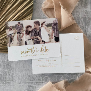 Invitation Carte Postale Rustic Gold Script 3 Photo Enregistrer la date
