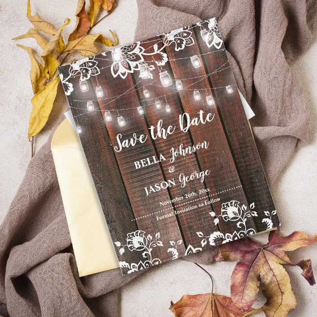 Invitation Carte Postale Rustic Lace String Lights Wedding Save The Date (Rustic Wood String Lights Save the Date Invitation | Barn Wedding Lace Wood Save Our Date Card)