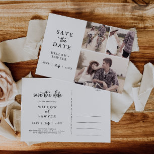 Invitation Carte Postale Rustic Script 3 Photo Collage Enregistrer la date