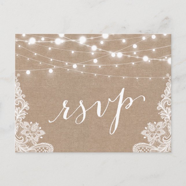 Invitation Carte Postale Rustic String Lights Burlap Lace Wedding RSVP (Devant)