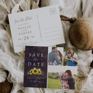 Invitation Carte Postale Rustic Sunflower Wood Photo Collage Save the Date