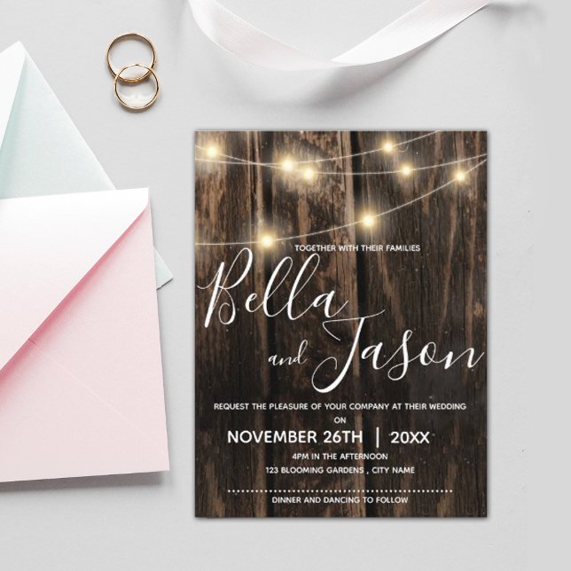 Invitation Carte Postale Rustic Wood With String Lights Wedding Invite (Créateur téléchargé)