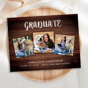 Invitation Carte Postale Rustique 3 Photo Bois Graduation