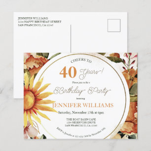 Invitation Carte Postale Rustique Boho Automne tournesol 40e fête d'anniver