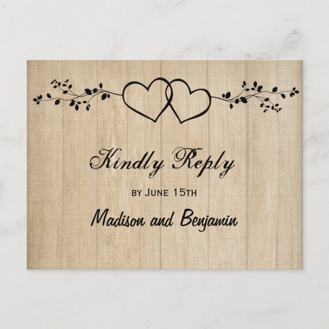 Invitation Carte Postale Rustique Bois Double Coeurs Mariage RSVP POSTCARDS (Devant)