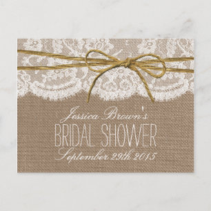 Invitation Carte Postale Rustique Burlap Lace Twine Bow Fête des mariées Re