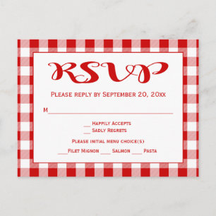 Invitation Carte Postale Rustique En vichy Mariage RSVP Rouge Et Blanc Chèq