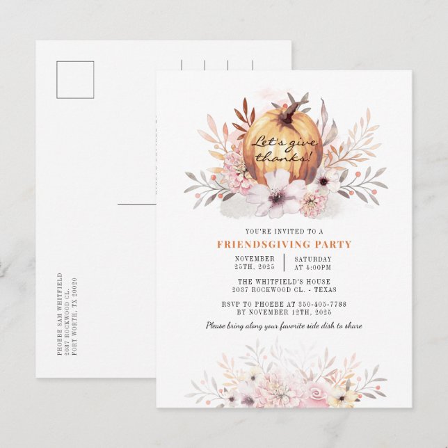 Invitation Carte Postale Rustique Friendsgiving Floral Fall Feuilles Citrou (Devant / Derrière)