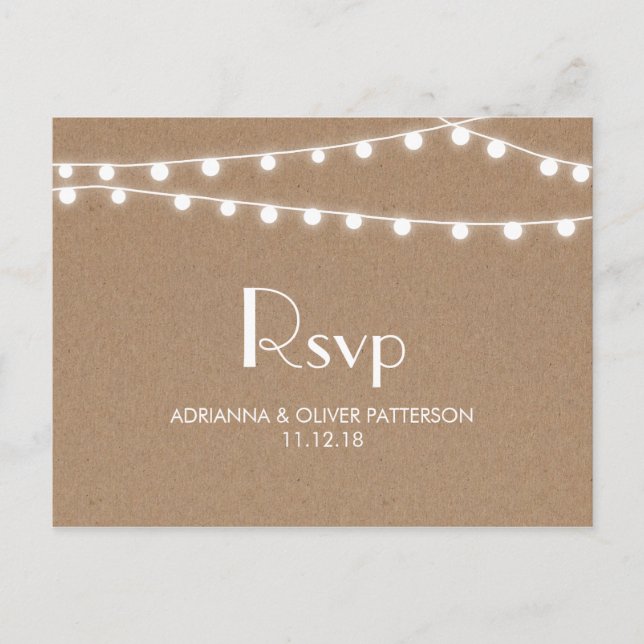 Invitation Carte Postale Rustique Kraft Papier Chaîne Lumières Mariage RSVP (Devant)