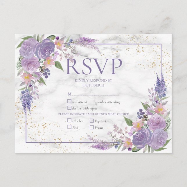 Invitation Carte Postale Rustique Lavender Lilac Gold Floral Wedding RSVP (Devant)