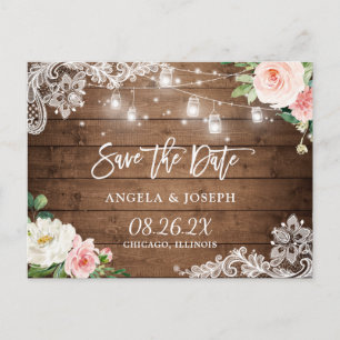 Invitation Carte Postale Rustique Mason Jar Lights Lace Wedding Enregistrer