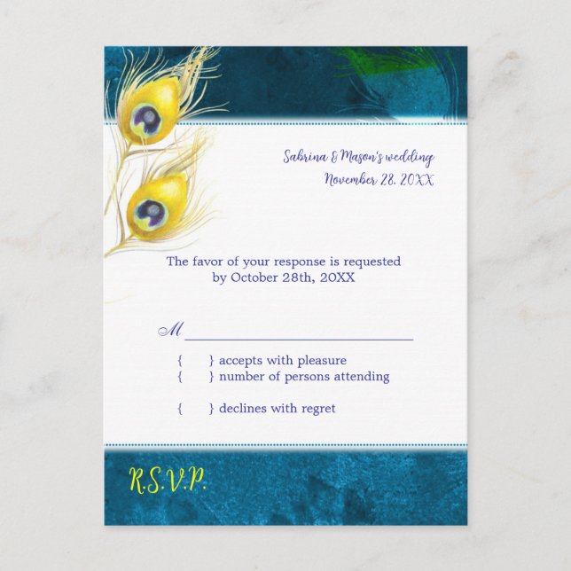 Invitation Carte Postale Rustique Peacock Blue Wedding RSVP (Devant)
