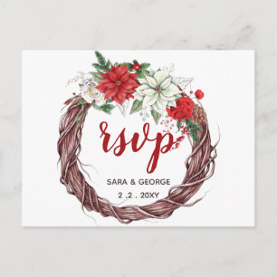 Invitation Carte Postale Rustique Poinsettia Hiver Foliage Pine cône rsvp