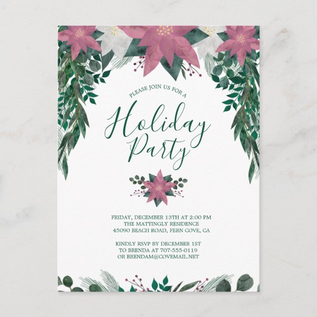 Invitation Carte Postale Rustique rose blanc Poinsettia Foliage Fête (Devant)
