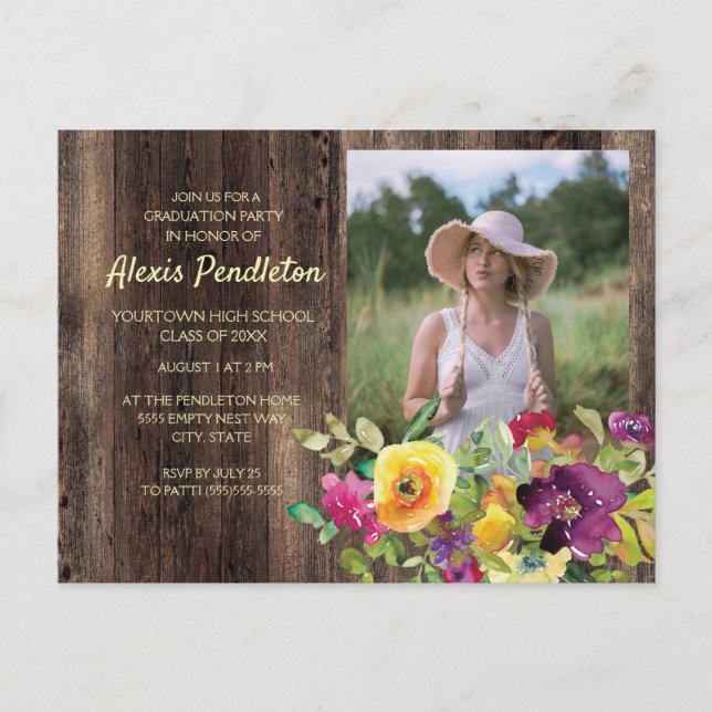 Invitation Carte Postale Rustique rose violet jaune fleuri Parti de graduat (Devant)