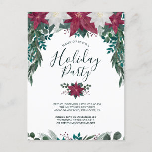Invitation Carte Postale Rustique Rouge Blanc Poinsettia Foliage Fête 