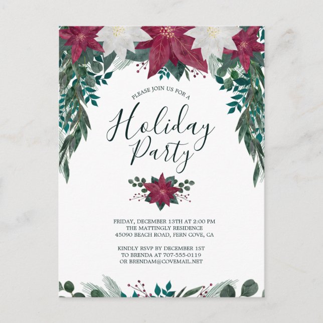 Invitation Carte Postale Rustique Rouge Blanc Poinsettia Foliage Fête (Devant)