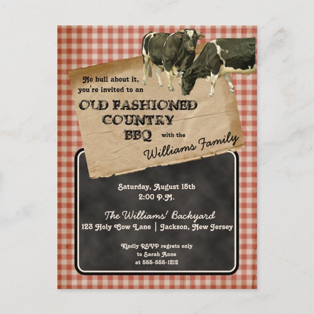 Invitation Carte Postale Rustique Vaches Jardin Boeuf Cuisine BBQ Pique-niq (Devant)