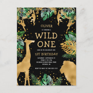 Invitation Carte Postale Safari Premier Anniversaire 1 an Noir Or Vert
