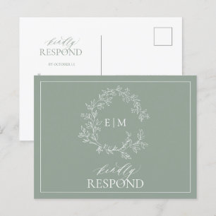Invitation Carte Postale Sage Green Crest Monogramme Mariage RSVP