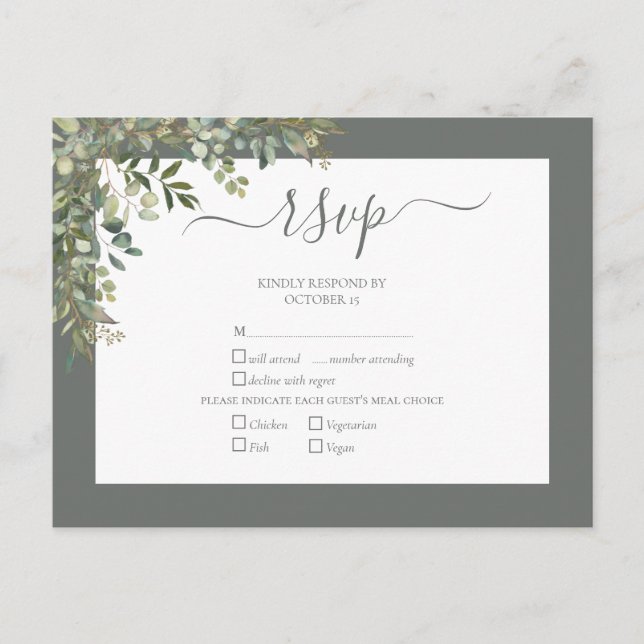 Invitation Carte Postale Sage Green Eucalyptus Script Mariage RSVP (Devant)