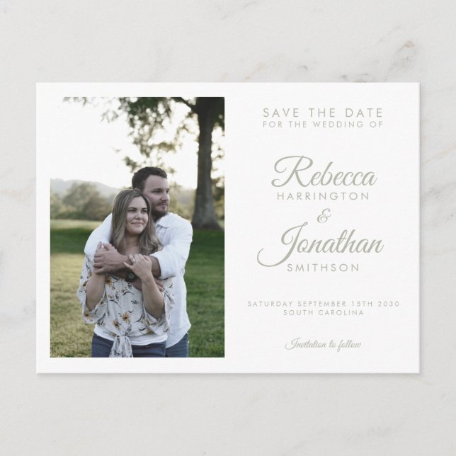 Invitation Carte Postale Sage Minimal Vert Photo Mariage Enregistrer La Dat (Devant)