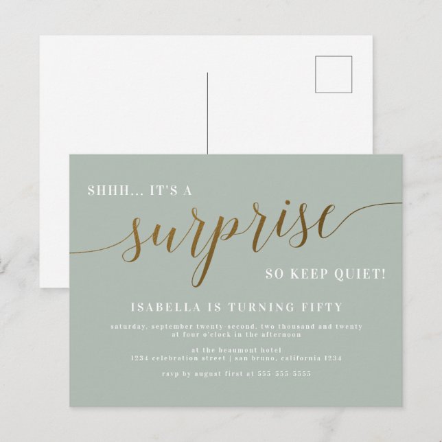 Invitation Carte Postale Sage moderne & Gold Script Surprise fête d'anniver (Devant / Derrière)