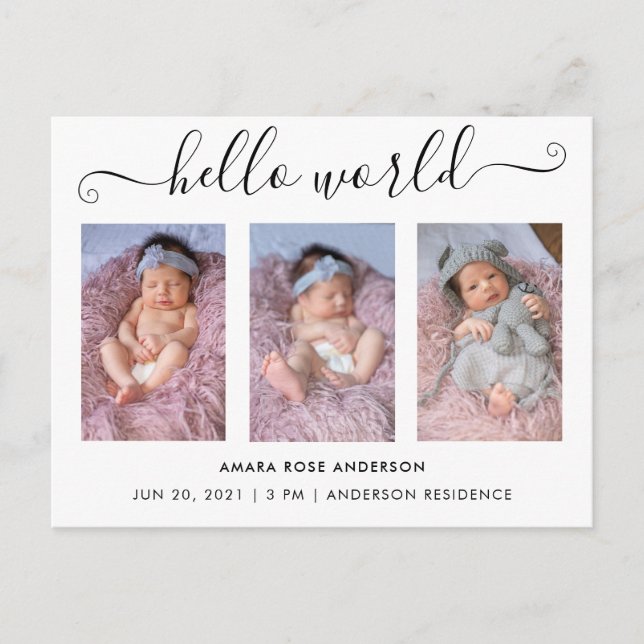 Invitation Carte Postale Script Calligraphie 3 Photo Hello World Birth (Devant)