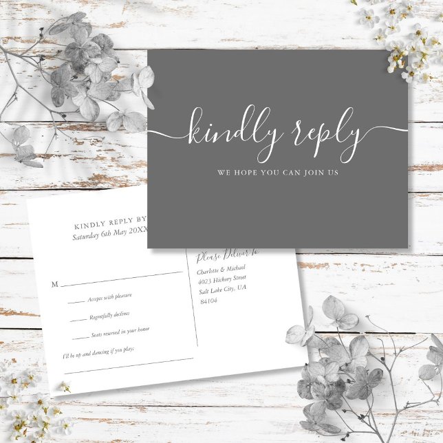 Invitation Carte Postale Script de signature simple gris élégant RSVP (Simple Gray Elegant Signature Script RSVP Invitation Postcard)