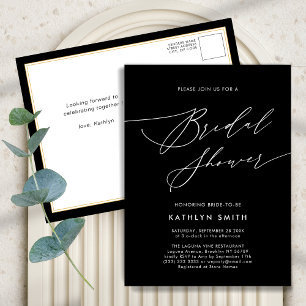 Invitation Carte Postale Script élégant noir minimaliste Fête des mariées c