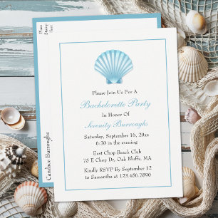 Invitation Carte Postale Seashell Blue Nautical Beach Bachelorte