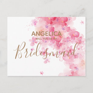 Invitation Carte Postale Serez-vous ma demoiselle d'honneur Pink Watercolor