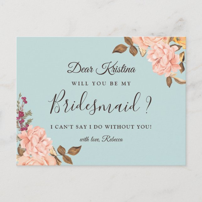 Invitation Carte Postale Serez-Vous Ma Femme D'Accueil Dusty Blue Blush Flo (Devant)