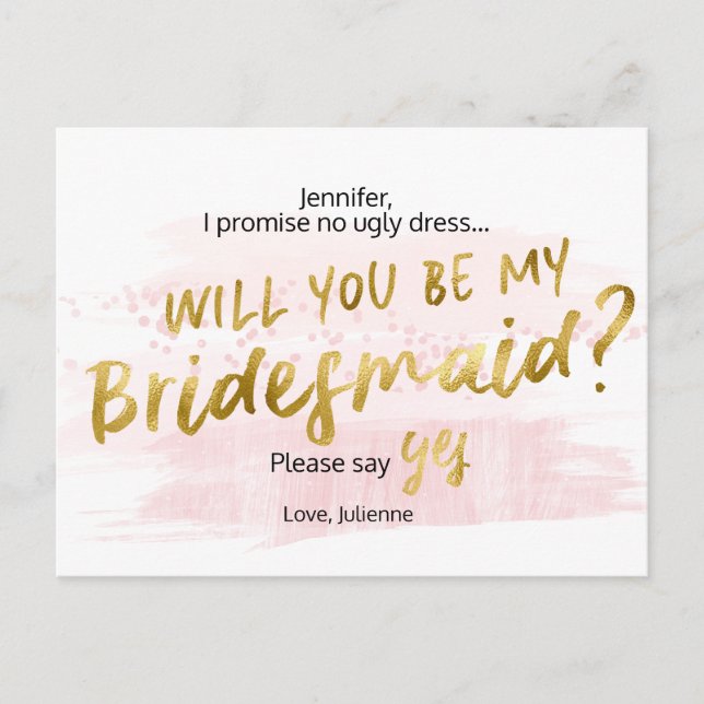 Invitation Carte Postale Serez-vous ma femme de ménage Blush & Gold Waterco (Devant)