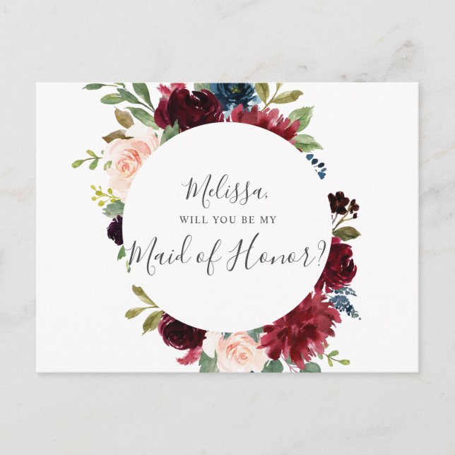 Invitation Carte Postale Serez-Vous Ma Fille D'Honneur Burgundy Blue Floral (Devant)