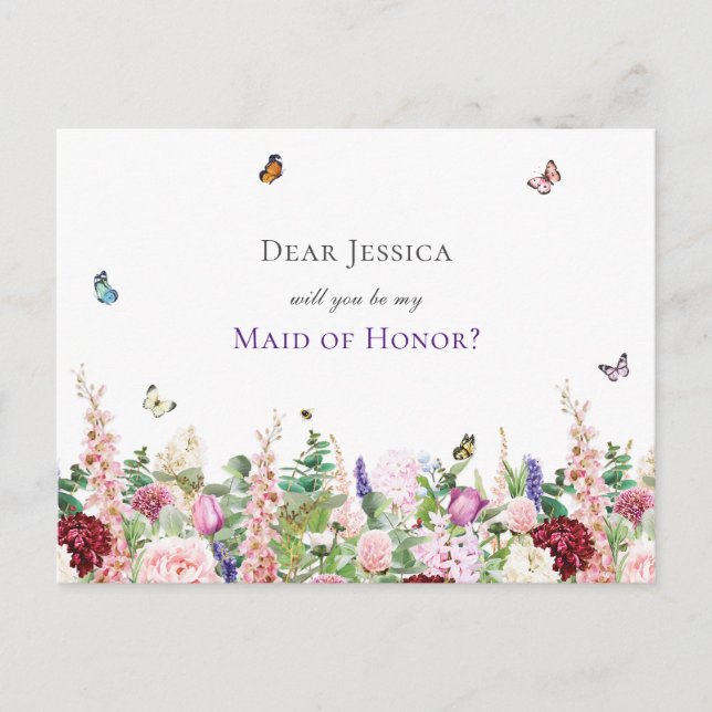 Invitation Carte Postale Serez-vous ma servante d'honneur ? | Floral rose v (Devant)
