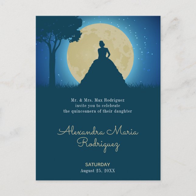 Invitation Carte Postale Silhouette couronnée avec Quinceanera lune (Devant)