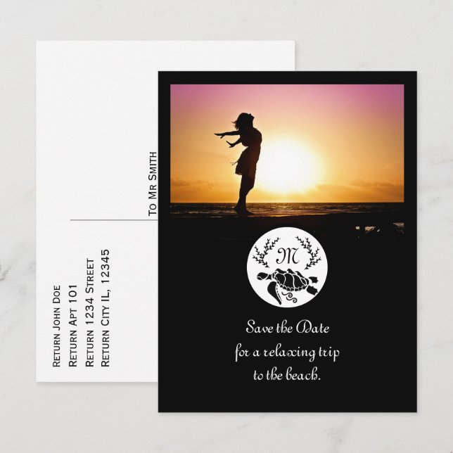 Invitation Carte Postale Silhouette de la tortue de la mer Noire Monogramme (Devant / Derrière)