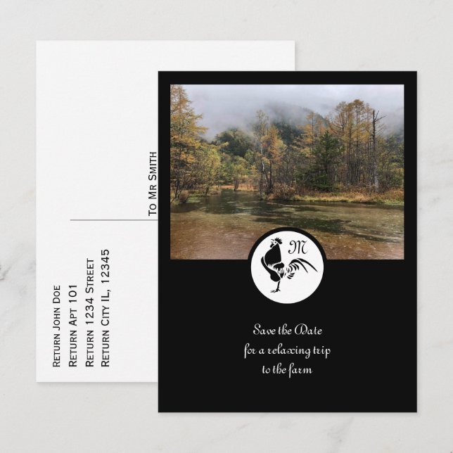 Invitation Carte Postale Silhouette du coq noir Monogramme Photo (Devant / Derrière)