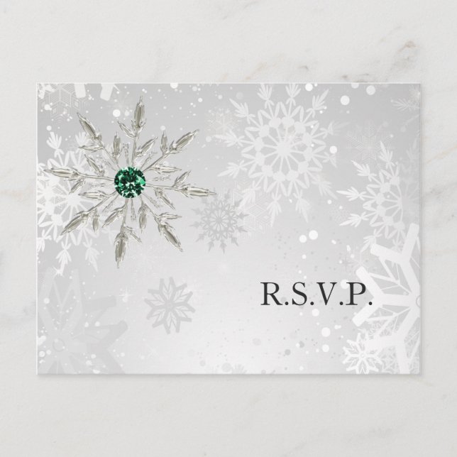 Invitation Carte Postale Silver Emerald Snowflakes Winter Wedding rsvp (Devant)