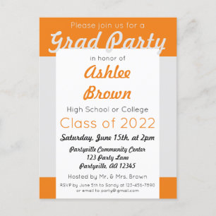 Invitation Carte Postale Silver Orange Bold Grad Party Grad Grad Grad