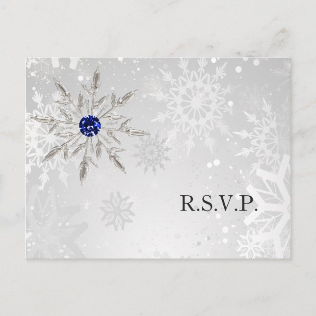 Invitation Carte Postale Silver Royal Blue Snowflakes Winter Wedding rsvp (Devant)